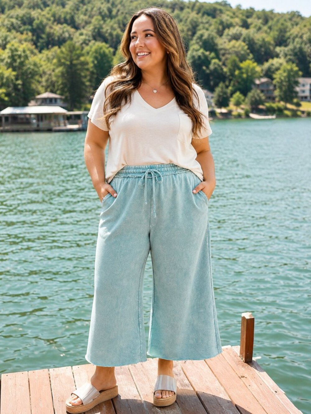 Zenana Washed French Terry Sweatpants Blue Grey